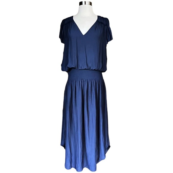 RAMY BROOK Yassi Dress Short Sleeves V-Neck Crepe Elastic Waist Blue NWT - Picture 2 of 10